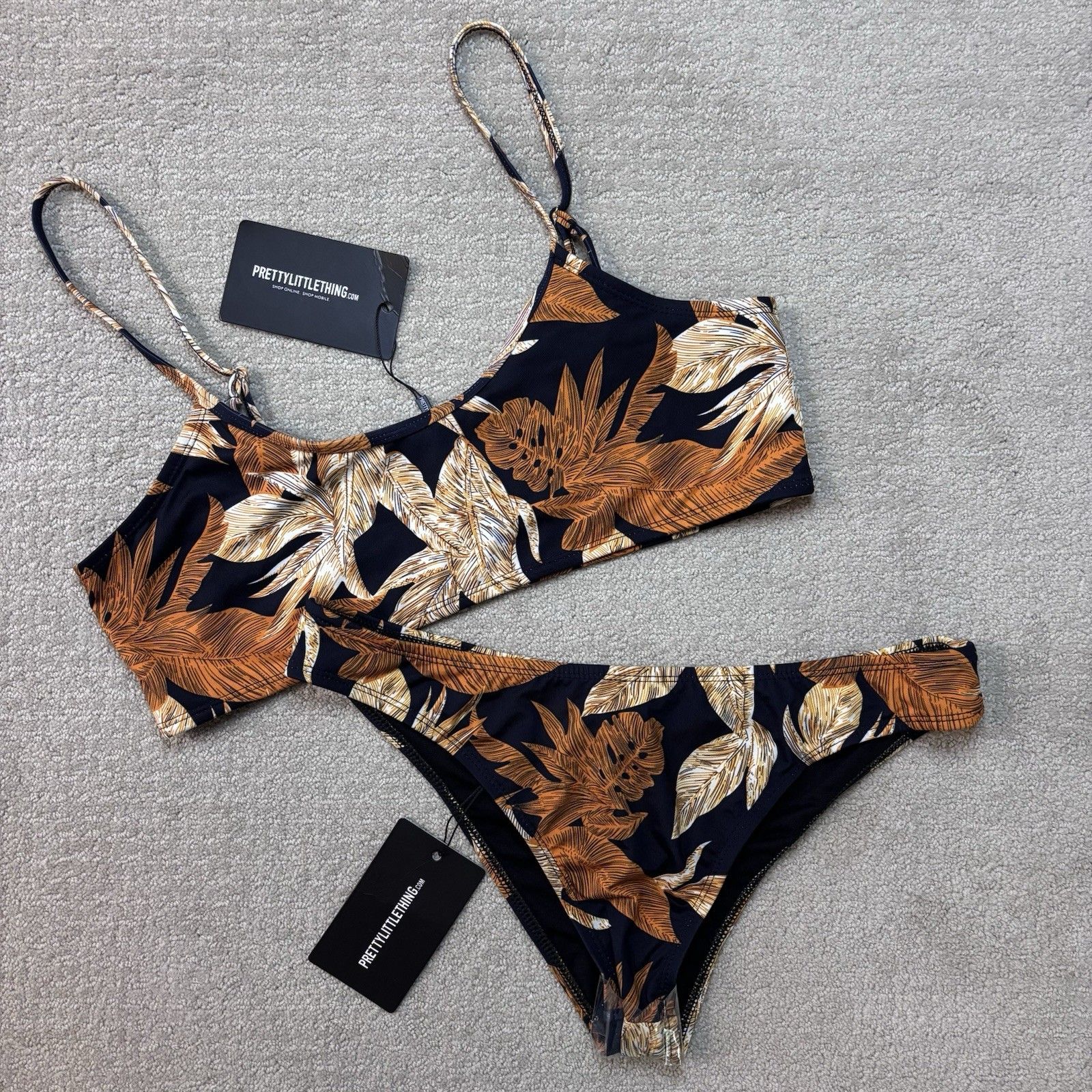 Prettylittlething Nwt Black Palm Leaf Print Scoop Neck Bikini 10 Boho Swimsuit